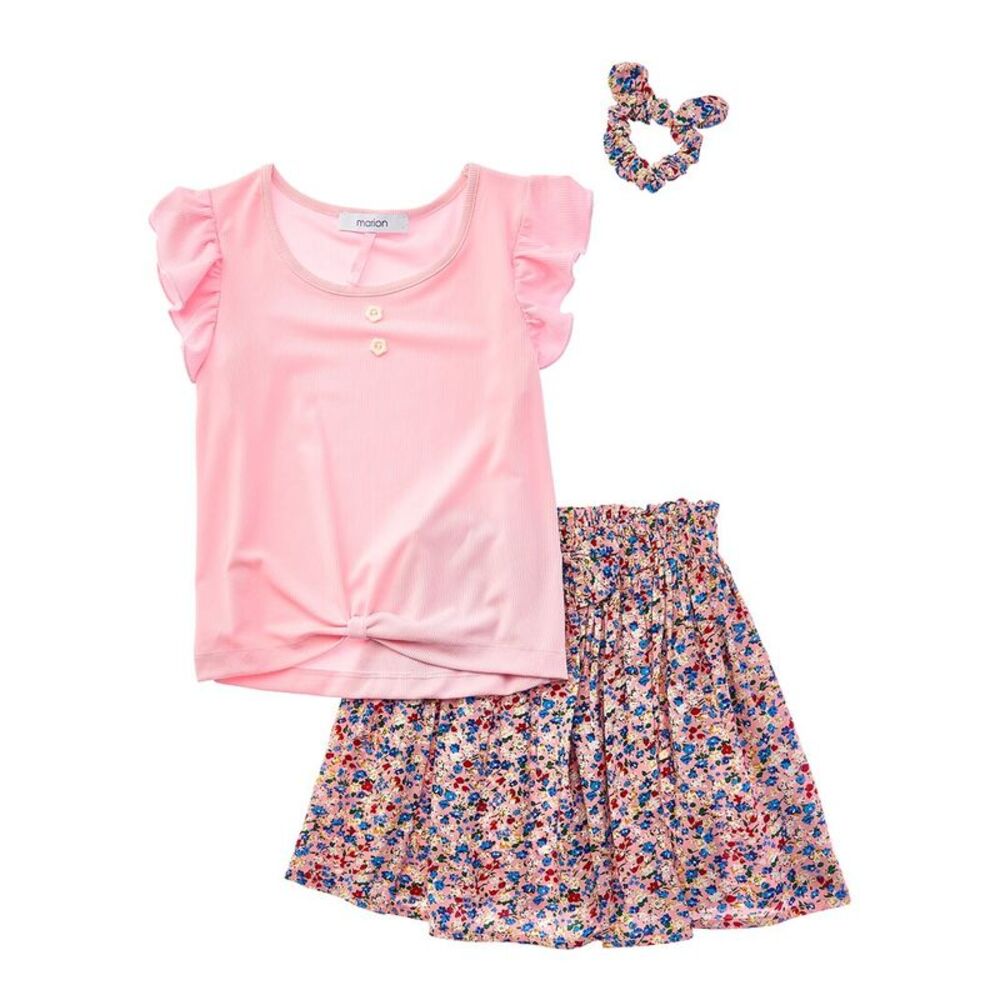 Marion Girls  3Pc Floral Top & Skirt Set, Pink
